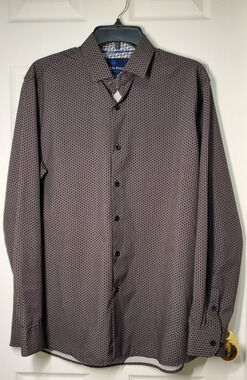 Dylan Park Mens L 16-16.5 Slim Fit Dress Shirt Gray Black Geometric Stretch